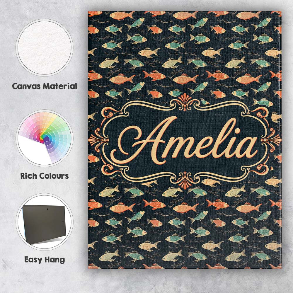 Personalised Name Dark Ocean Fish Pattern Custom Unique Gift Idea Elegant Feature Canvas Wall Art Print Decor Picture Ready to Hang