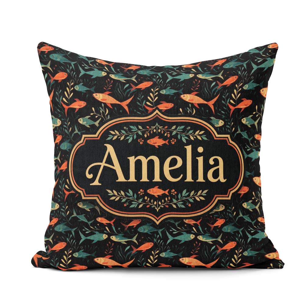Custom Name Colourful Aquarium Fish Pattern with Flowing on Dark Square Filled Cushion Throw Pillow Sofa Bed Home Decor Zip Washable UK Made