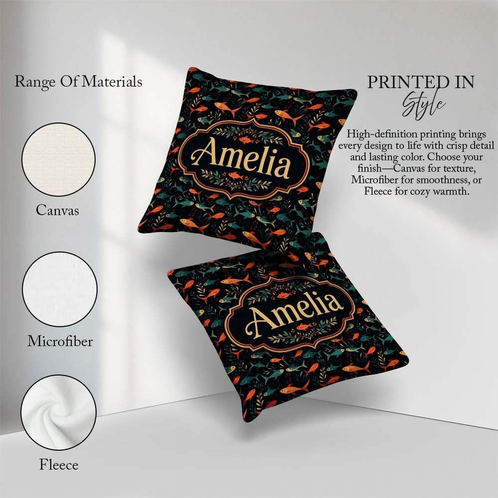 Custom Name Colourful Aquarium Fish Pattern with Flowing on Dark Square Filled Cushion Throw Pillow Sofa Bed Home Decor Zip Washable UK Made