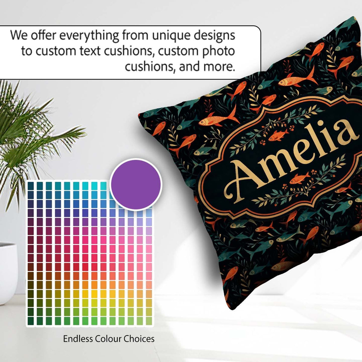 Custom Name Colourful Aquarium Fish Pattern with Flowing on Dark Square Filled Cushion Throw Pillow Sofa Bed Home Decor Zip Washable UK Made