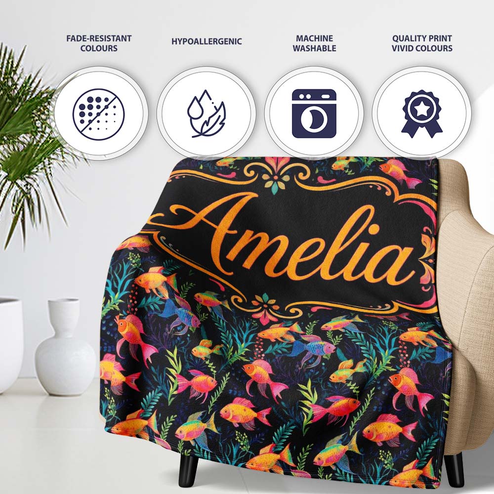 Stylised Ocean Fish Pattern with Elegant Botanical Elements on Black Personalised Custom Name Super Soft Fleece Blanket Bed Sofa Throw