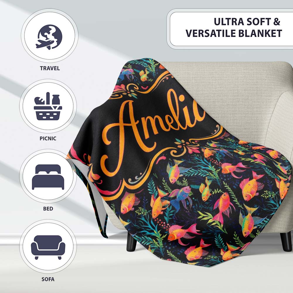 Stylised Ocean Fish Pattern with Elegant Botanical Elements on Black Personalised Custom Name Super Soft Fleece Blanket Bed Sofa Throw