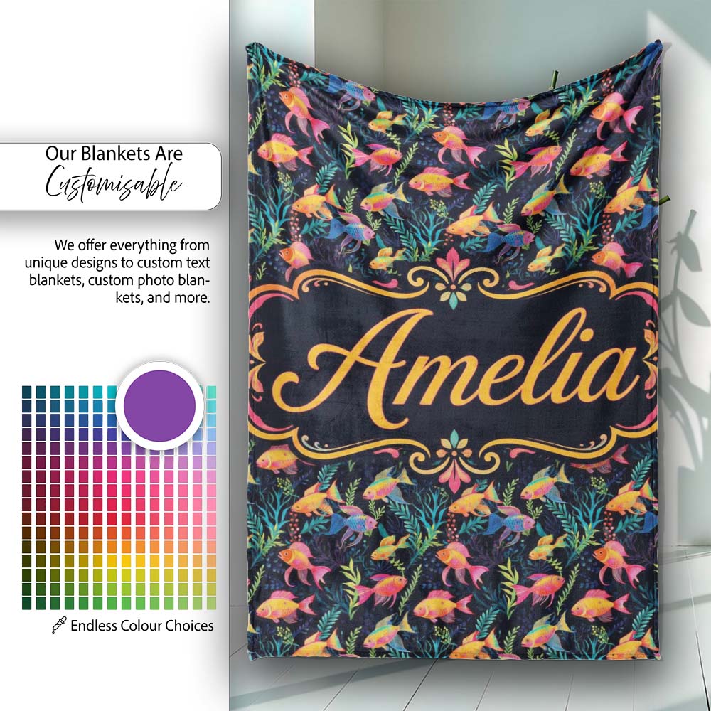 Stylised Ocean Fish Pattern with Elegant Botanical Elements on Black Personalised Custom Name Super Soft Fleece Blanket Bed Sofa Throw