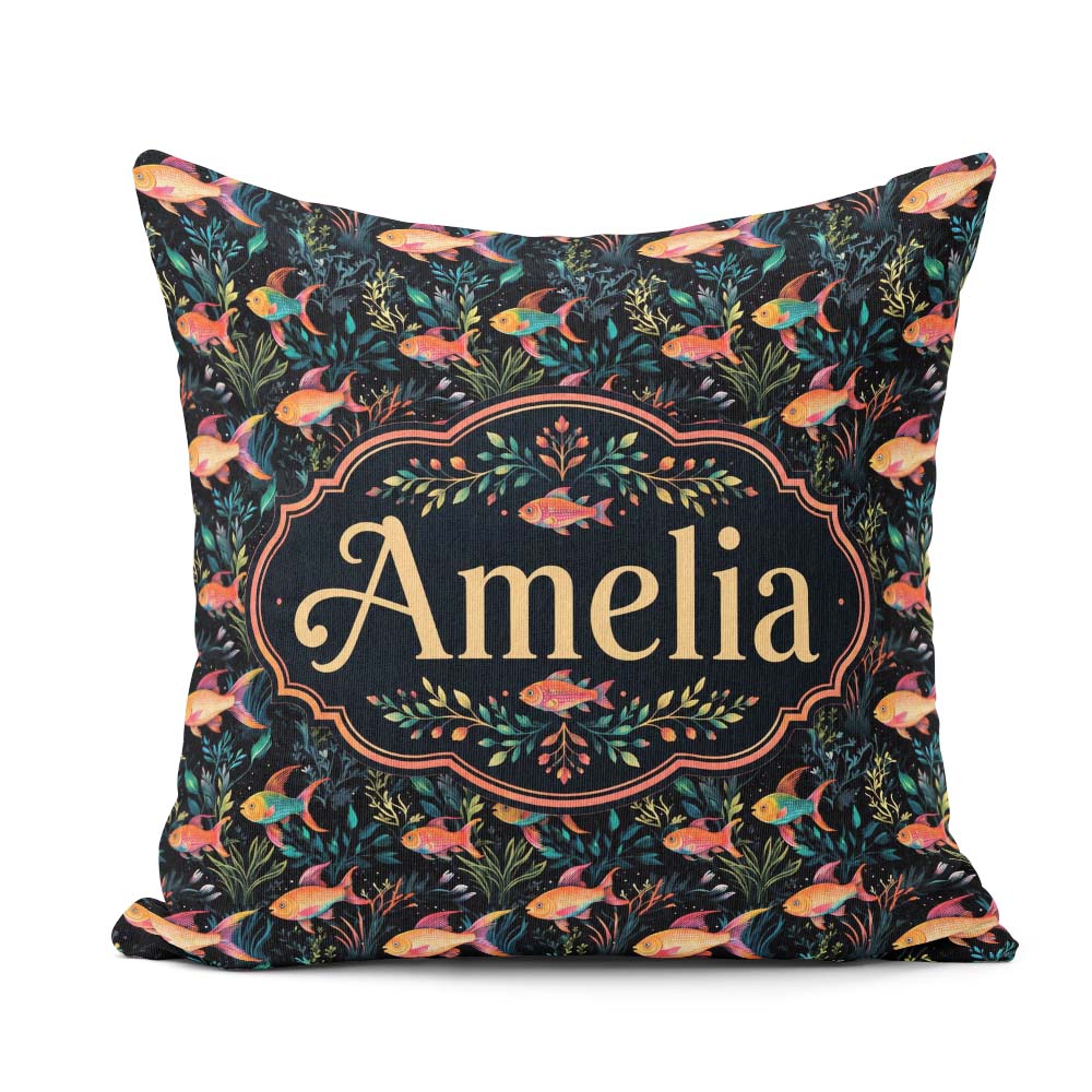 Custom Name Vibrant Coral Reef Fish with Detailed Marine on Navy Square Filled Cushion Throw Pillow Sofa Bed Home Decor Zip Washable UK Made