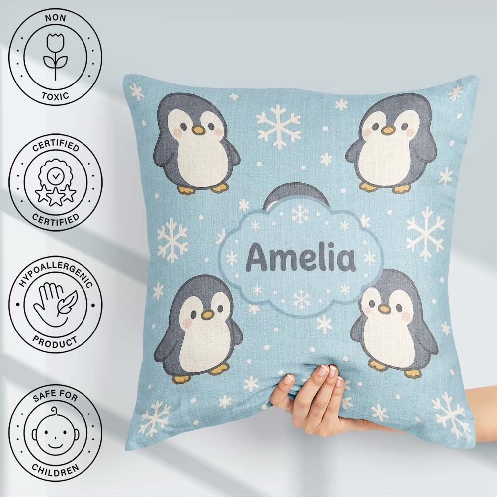 Custom Name Cute Winter Penguin Cartoon Animal Pattern for Her Square Filled Cushion Throw Pillow Sofa Bed Home Decor Zip Washable UK Made