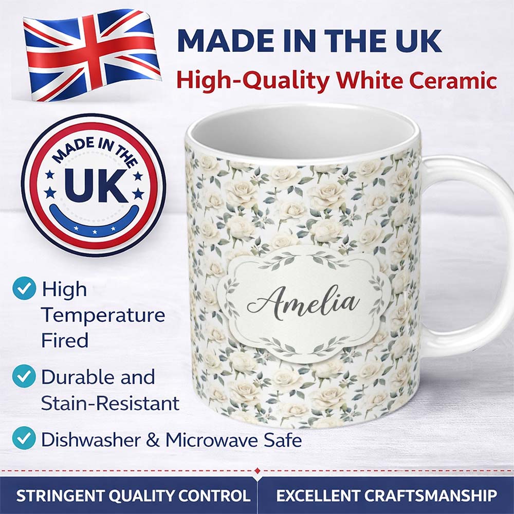 Personalized Custom Name Elegant White Roses with Soft Grey Background Seamless Pattern 11oz Ceramic Coffee Tea Mug White Large Handle