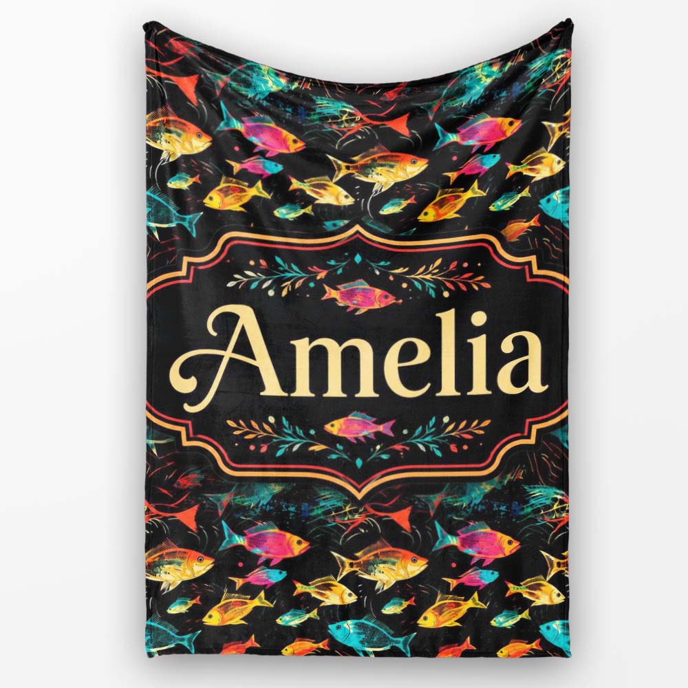 Bright Neon Tropical Fish Swim Pattern on Dark Ocean Background Personalised Custom Name Super Soft Fleece Blanket Bed Sofa Throw