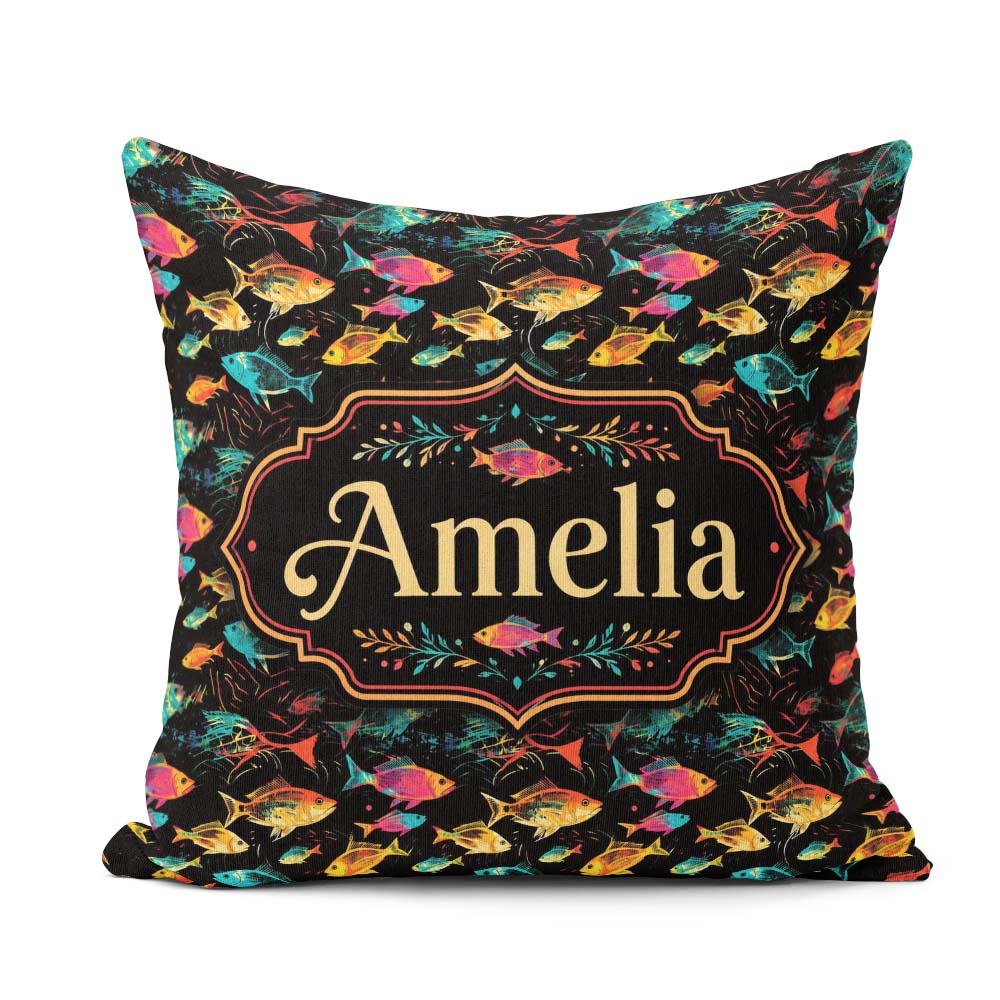 Custom Name Bright Neon Tropical Fish Swim Pattern on Dark Ocean Square Filled Cushion Throw Pillow Sofa Bed Home Decor Zip Washable UK Made