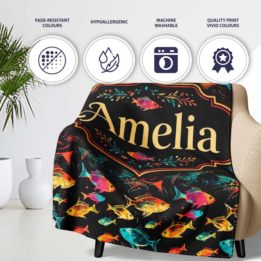 Bright Neon Tropical Fish Swim Pattern on Dark Ocean Background Personalised Custom Name Super Soft Fleece Blanket Bed Sofa Throw