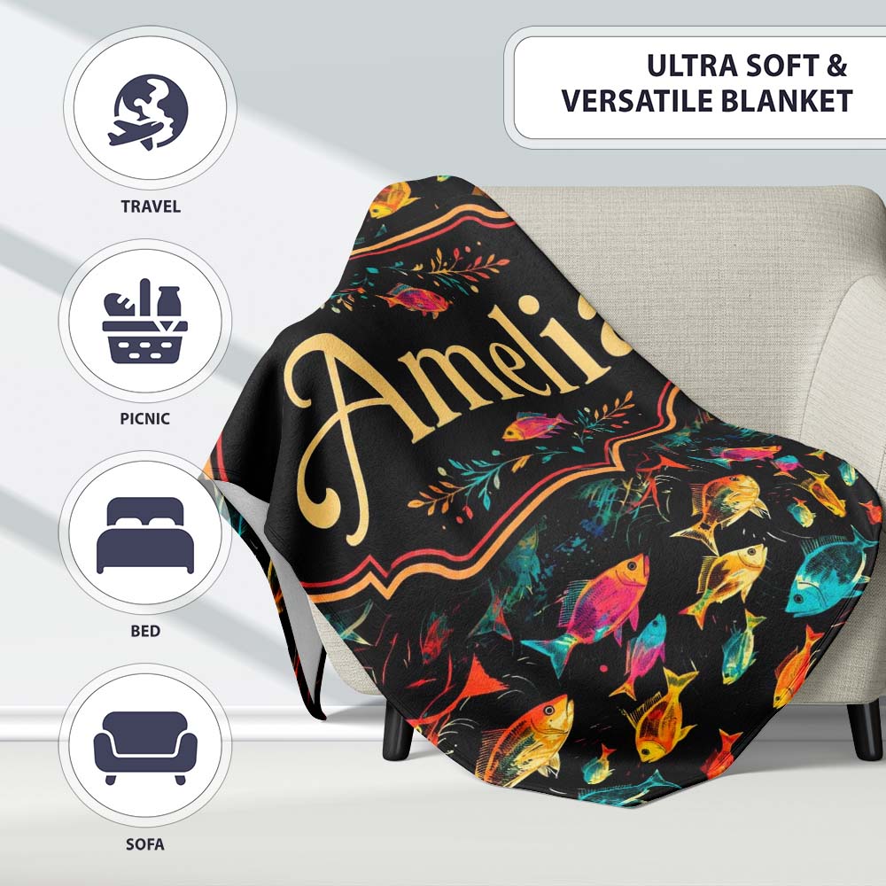 Bright Neon Tropical Fish Swim Pattern on Dark Ocean Background Personalised Custom Name Super Soft Fleece Blanket Bed Sofa Throw