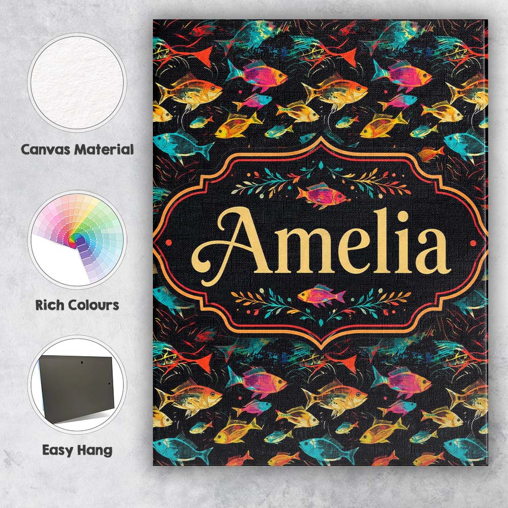 Personalised Name Bright Neon Tropical Fish Custom Bespoke Interior Contemporary Canvas Wall Art Print Decor Picture Ready to Hang