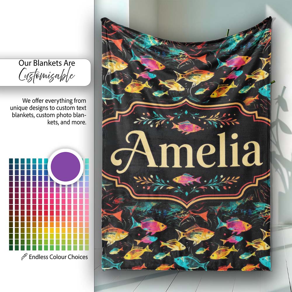 Bright Neon Tropical Fish Swim Pattern on Dark Ocean Background Personalised Custom Name Super Soft Fleece Blanket Bed Sofa Throw