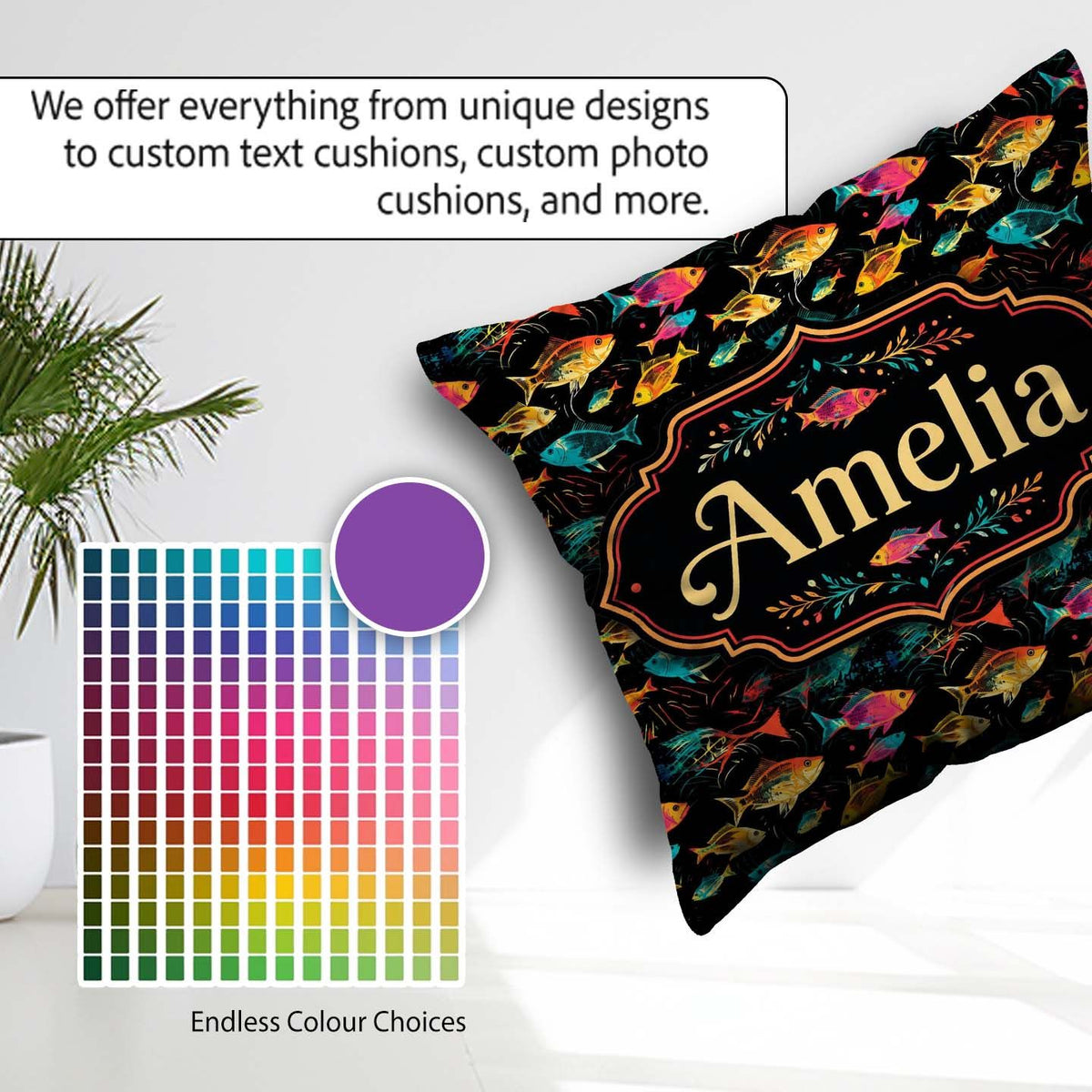 Custom Name Bright Neon Tropical Fish Swim Pattern on Dark Ocean Square Filled Cushion Throw Pillow Sofa Bed Home Decor Zip Washable UK Made