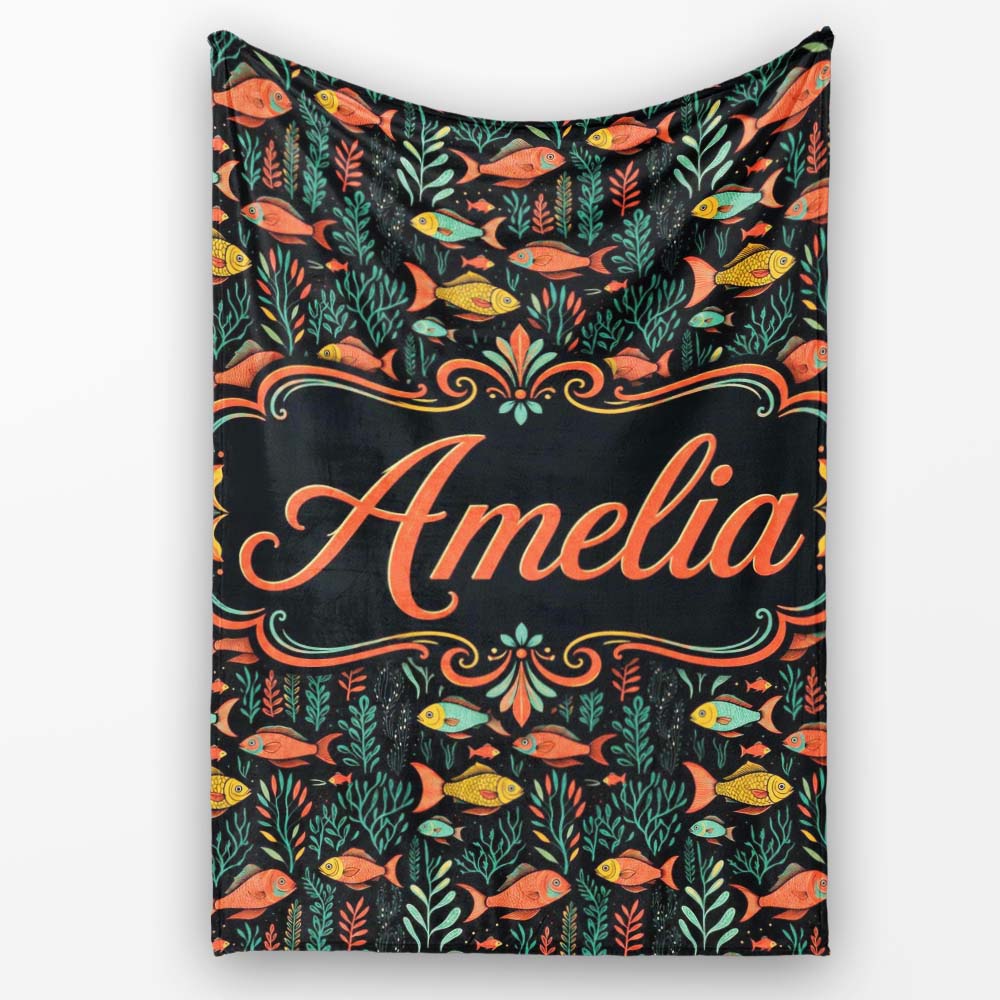 Elegant Flowing Goldfish with Ornate Fins on Black Background Lovely Personalised Custom Name Super Soft Fleece Blanket Bed Sofa Throw