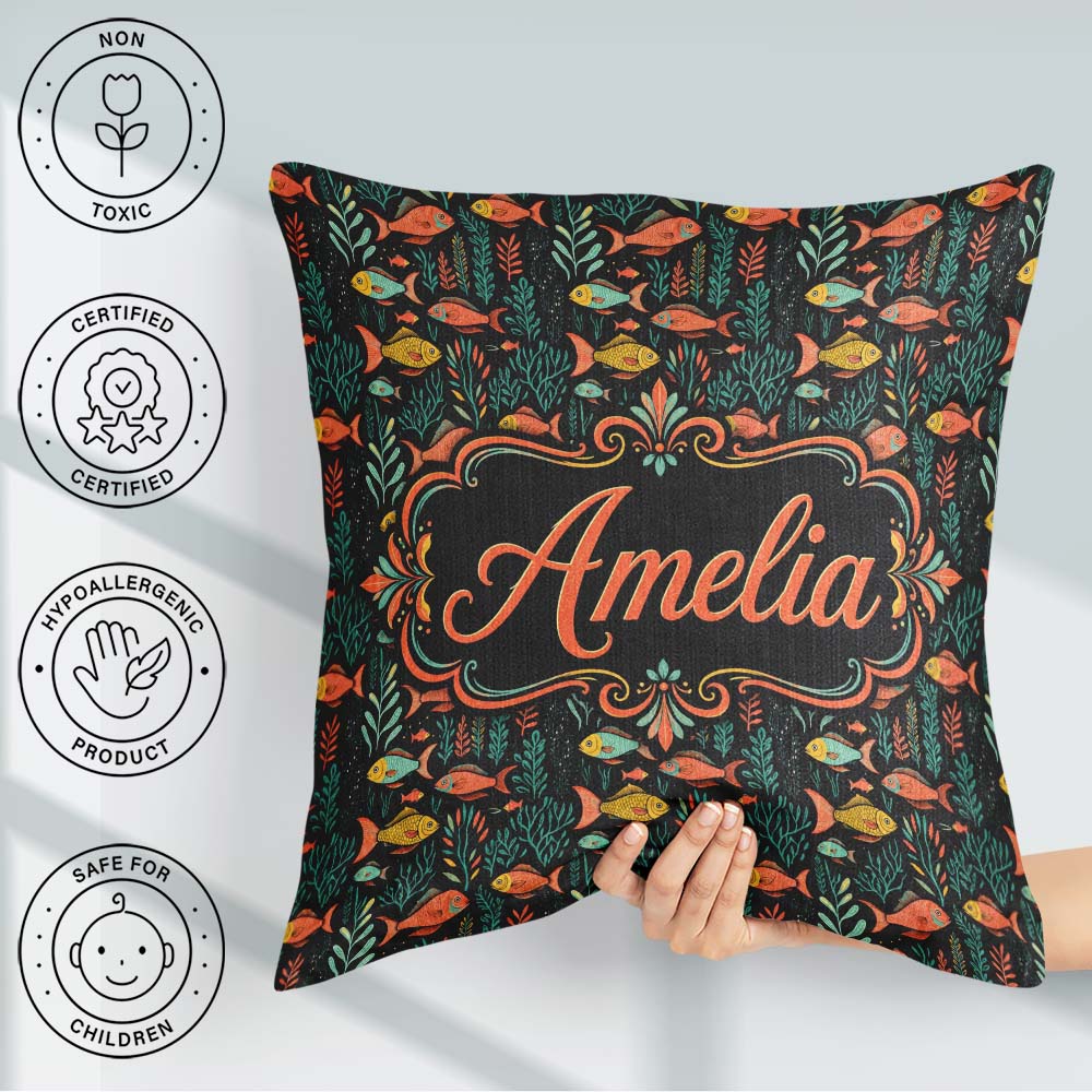 Custom Name Elegant Flowing with Ornate Fins on Black Background Square Filled Cushion Throw Pillow Sofa Bed Home Decor Zip Washable UK Made