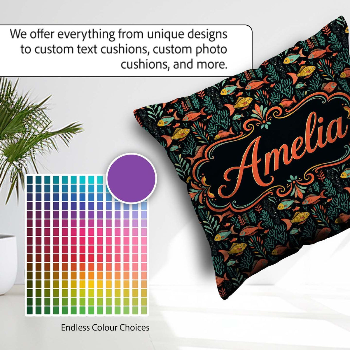 Custom Name Elegant Flowing with Ornate Fins on Black Background Square Filled Cushion Throw Pillow Sofa Bed Home Decor Zip Washable UK Made