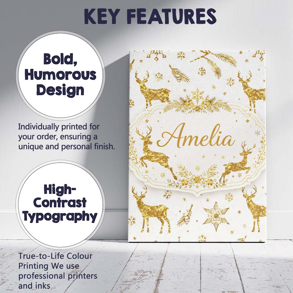 Personalised Name Gold Reindeer Snowflake Christmas Pattern Luxury Custom Unique Canvas Wall Art Print Decor Picture Ready to Hang