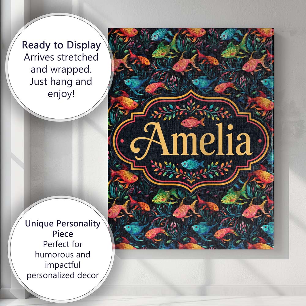 Personalised Name Vibrant Fish Underwater Custom Unique Gift Idea Elegant Feature Canvas Wall Art Print Decor Picture Ready to Hang