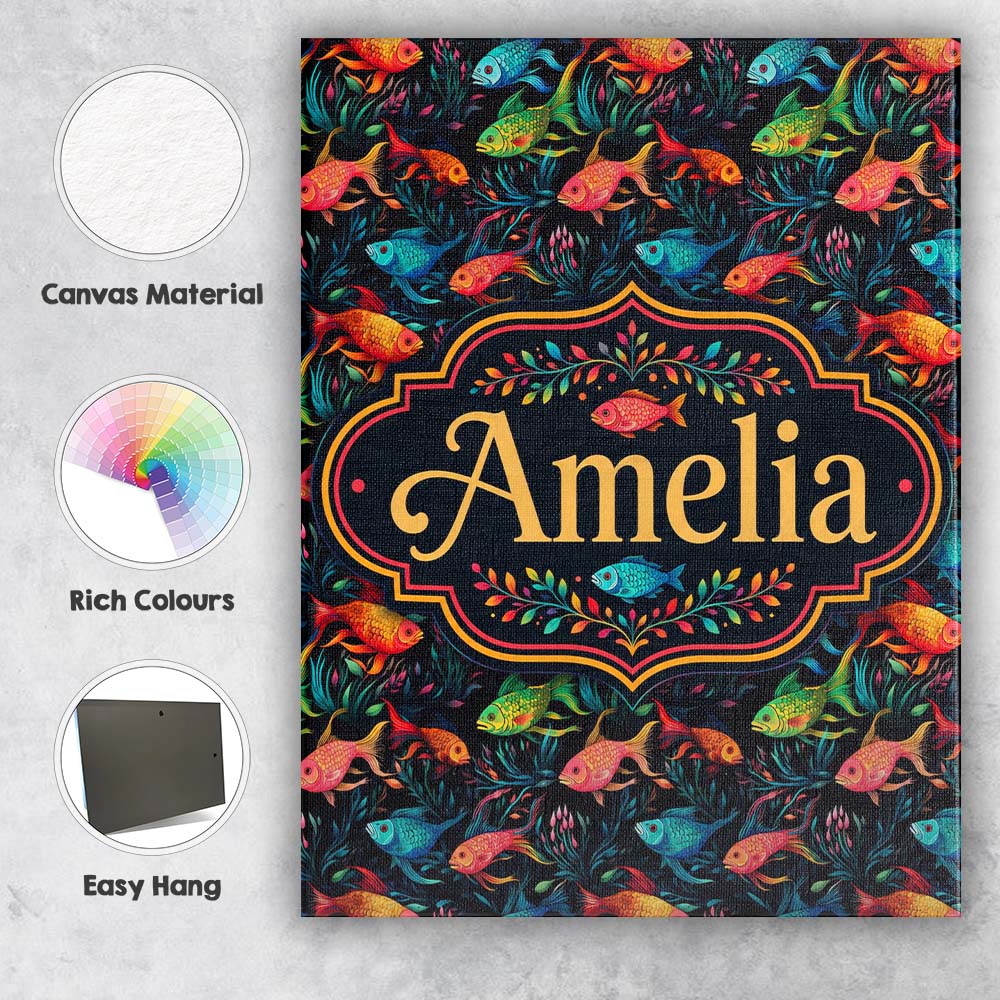 Personalised Name Vibrant Fish Underwater Custom Unique Gift Idea Elegant Feature Canvas Wall Art Print Decor Picture Ready to Hang