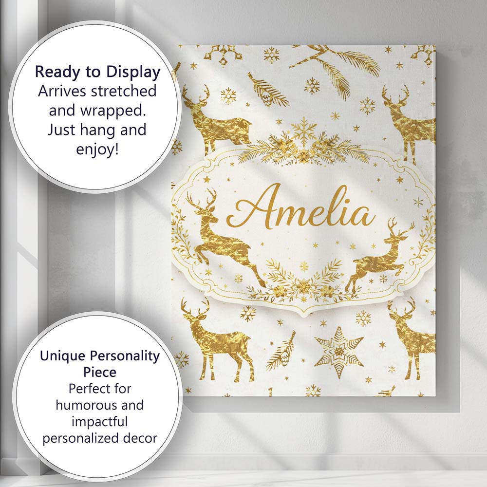 Personalised Name Gold Reindeer Snowflake Christmas Pattern Luxury Custom Unique Canvas Wall Art Print Decor Picture Ready to Hang