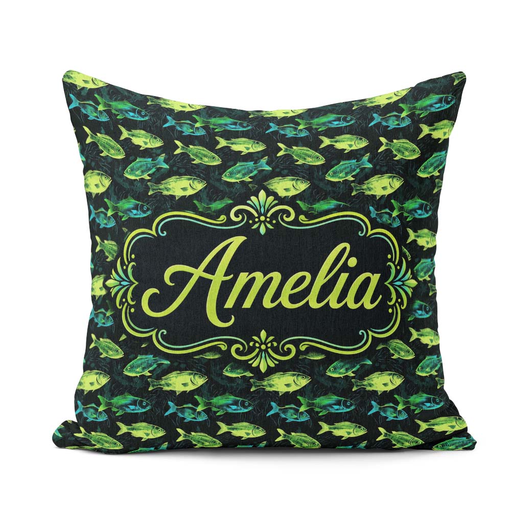 Custom Name Colourful Fish with Flowing Fins on Black Background Square Filled Cushion Throw Pillow Sofa Bed Home Decor Zip Washable UK Made