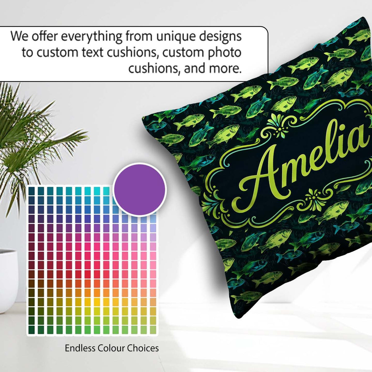 Custom Name Colourful Fish with Flowing Fins on Black Background Square Filled Cushion Throw Pillow Sofa Bed Home Decor Zip Washable UK Made