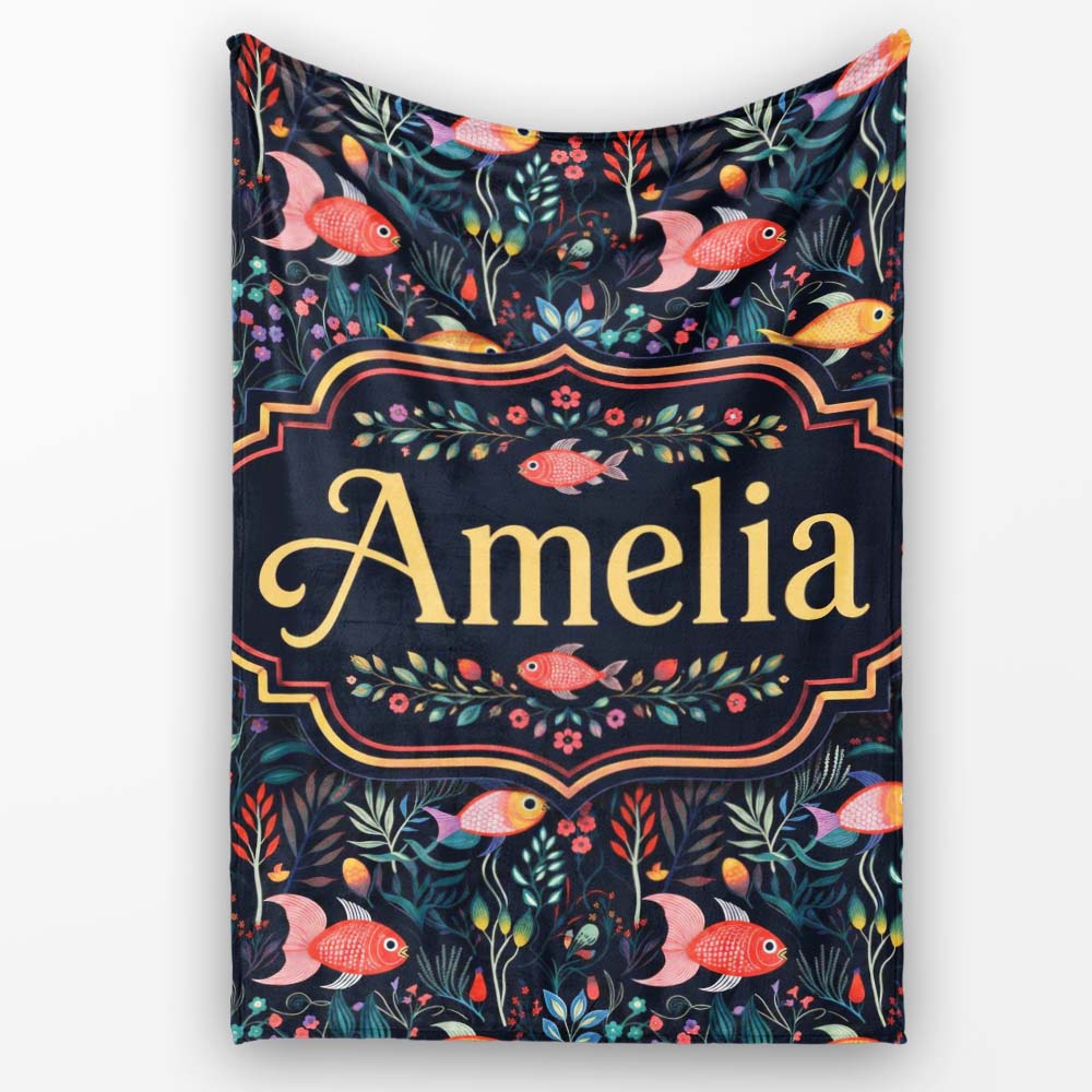 Cute Pastel Fish and Floral Sea Life Pattern on Teal Background Personalised Custom Name Super Soft Fleece Blanket Bed Sofa Throw