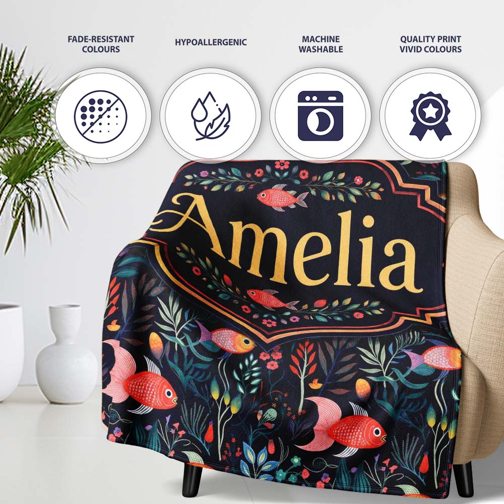 Cute Pastel Fish and Floral Sea Life Pattern on Teal Background Personalised Custom Name Super Soft Fleece Blanket Bed Sofa Throw