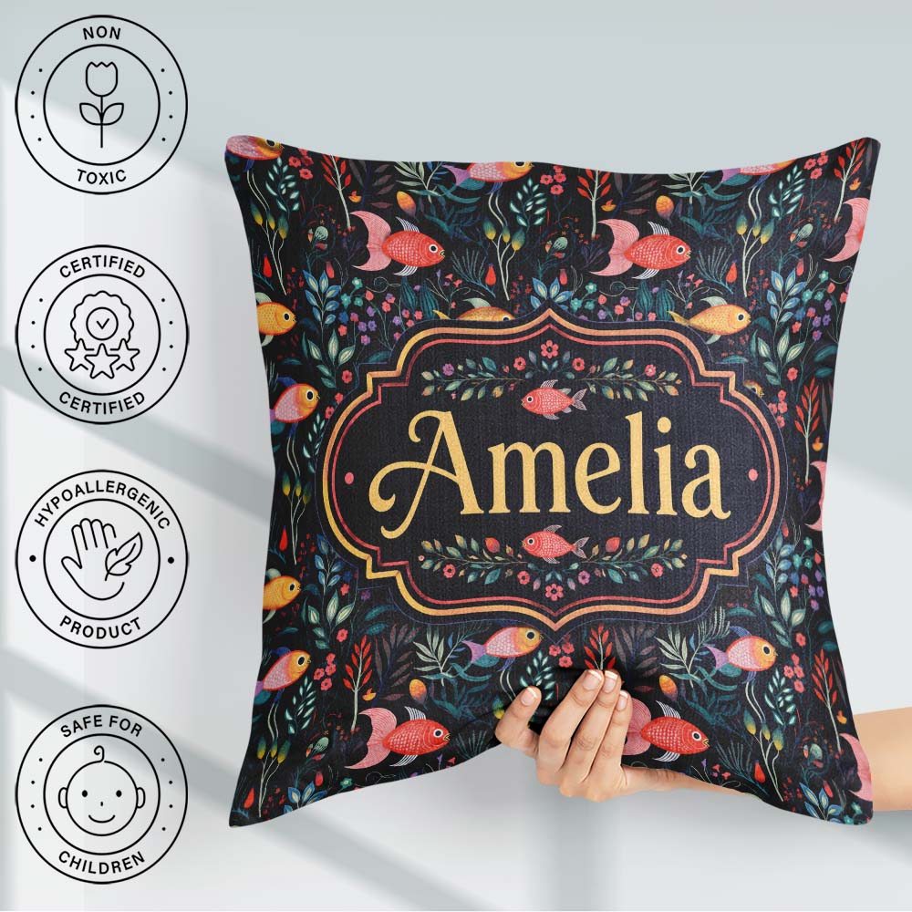 Custom Name Cute Pastel Fish and Floral Sea Life Pattern on Teal Square Filled Cushion Throw Pillow Sofa Bed Home Decor Zip Washable UK Made