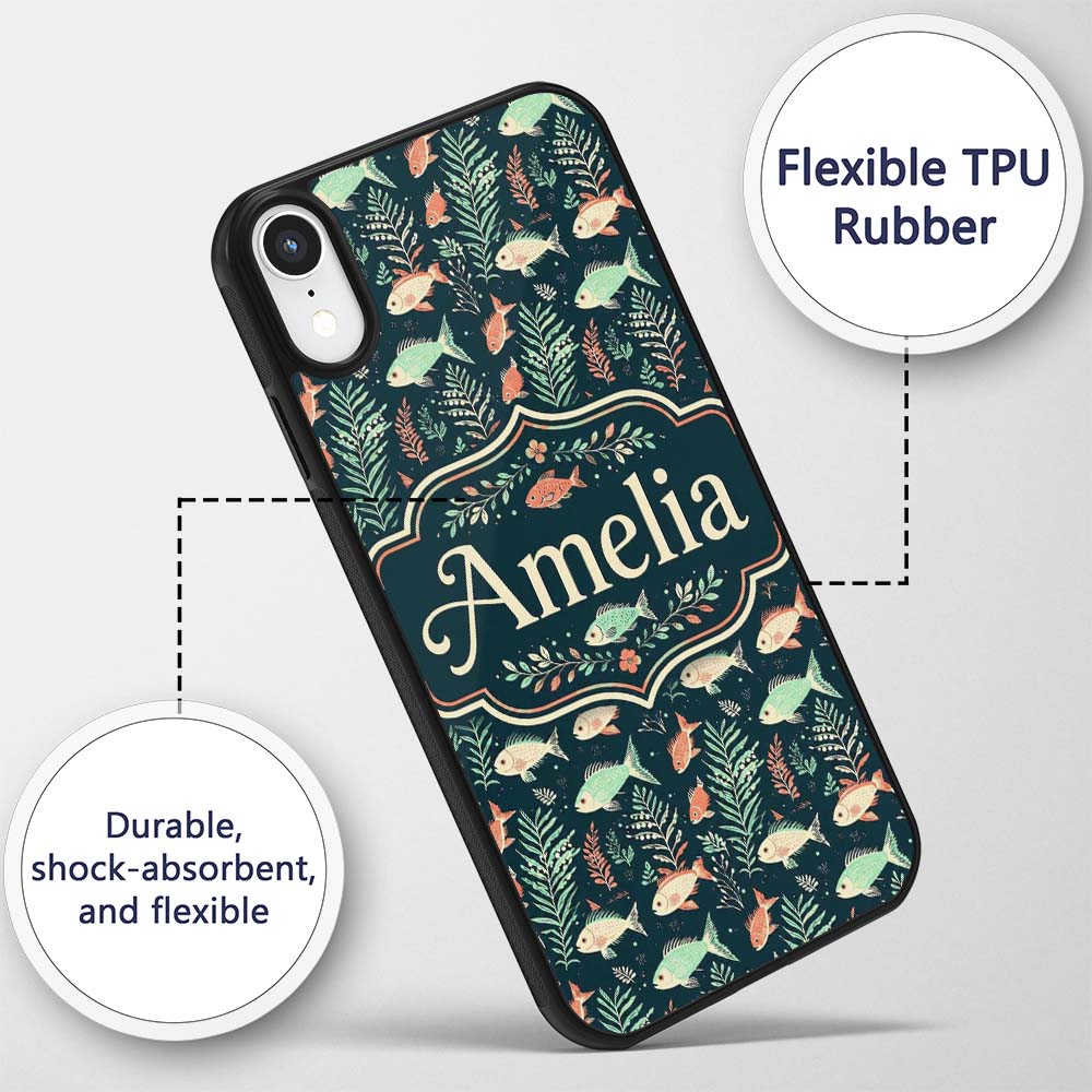 Cute Coral and Mint Fish with Printed Design Custom Name Protective Phone Case Mobile Cover Durable Everyday Smartphone Shock Resistant