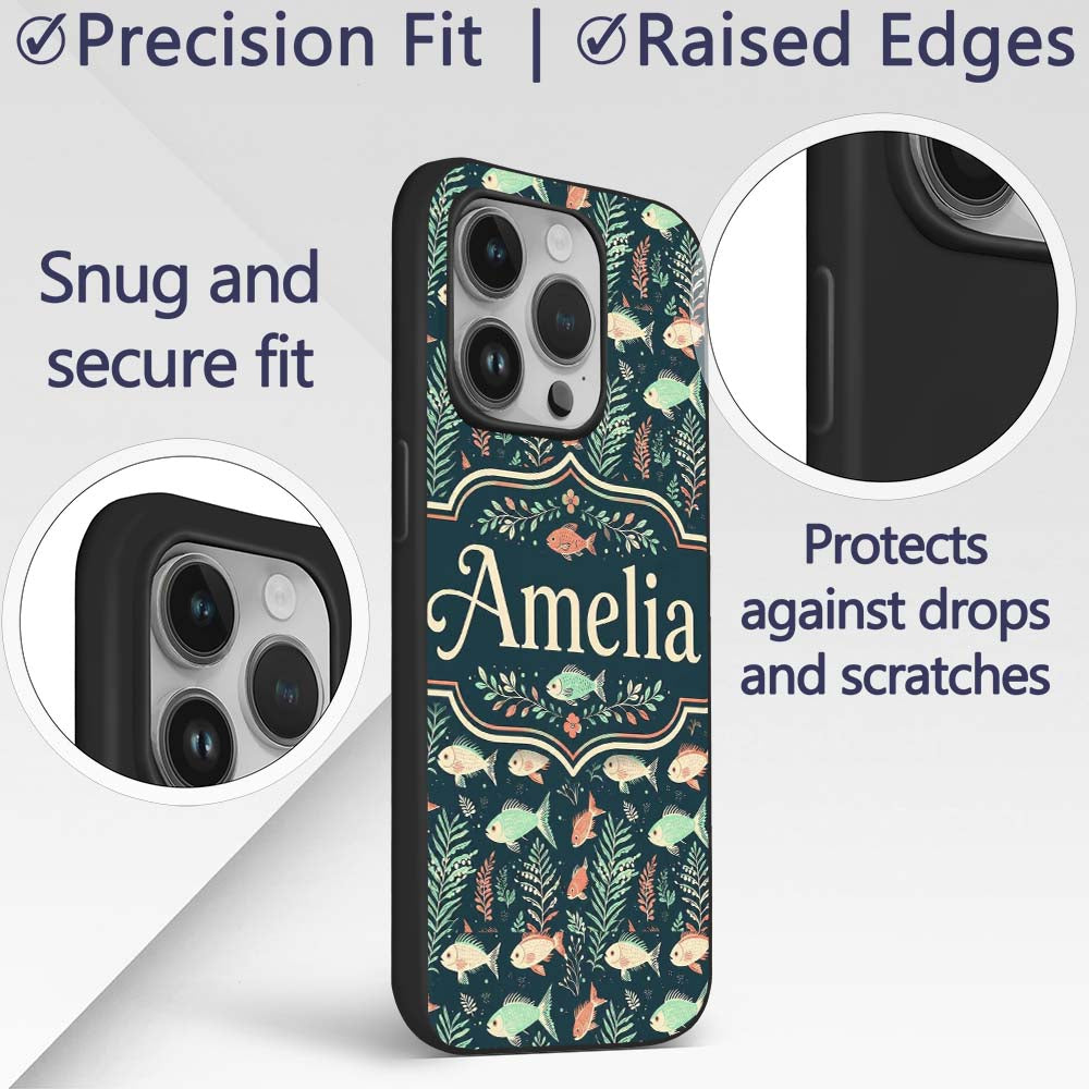 Cute Coral and Mint Fish with Printed Design Custom Name Protective Phone Case Mobile Cover Durable Everyday Smartphone Shock Resistant