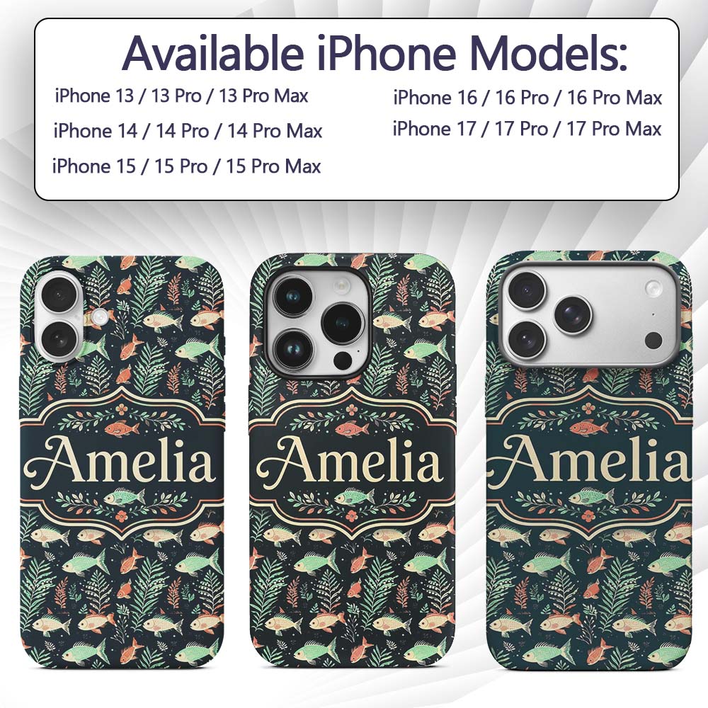 Cute Coral and Mint Fish with Printed Design Custom Name Protective Phone Case Mobile Cover Durable Everyday Smartphone Shock Resistant