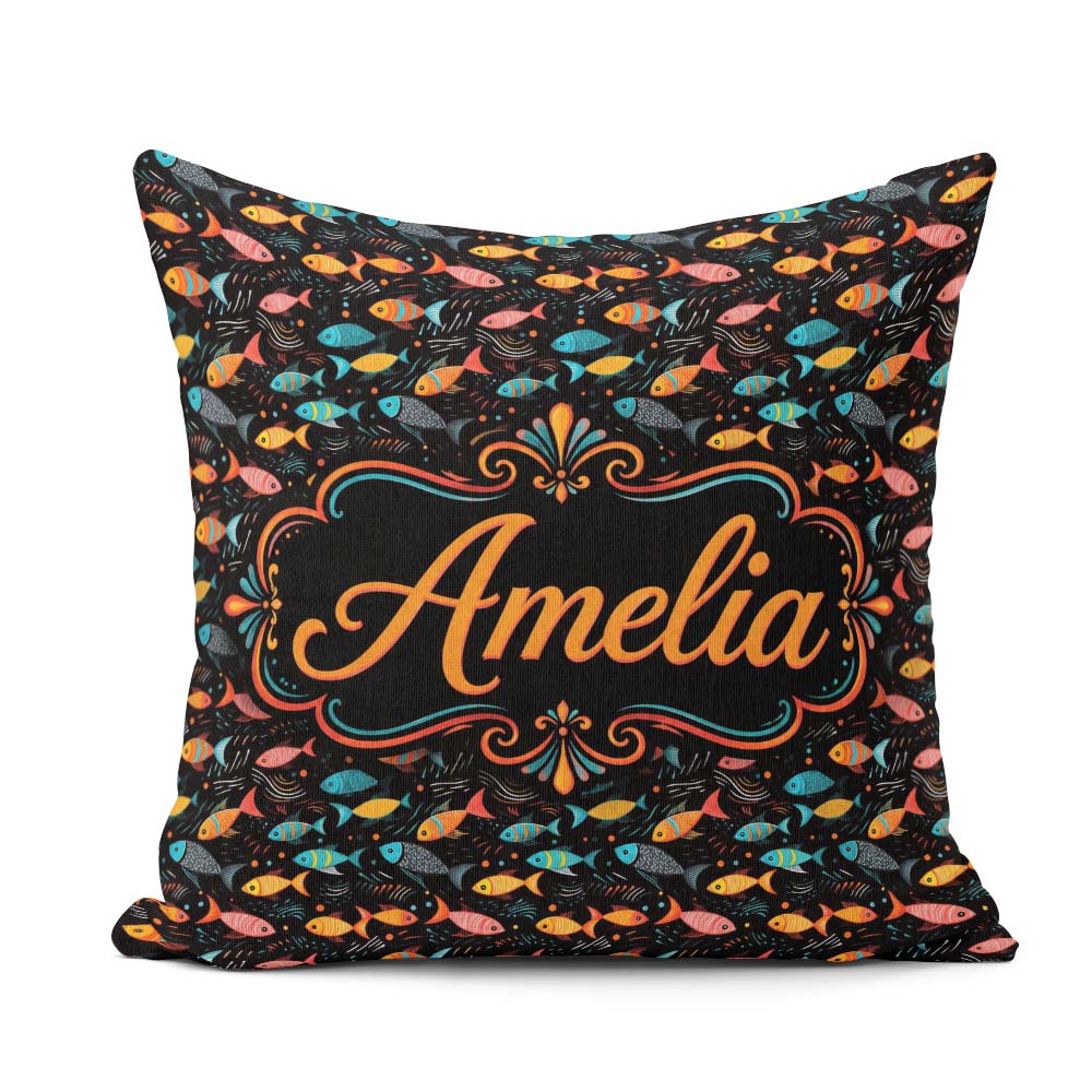 Custom Name Colorful Tropical Fish Dark Ocean Background Pattern Square Filled Cushion Throw Pillow Sofa Bed Home Decor Zip Washable UK Made