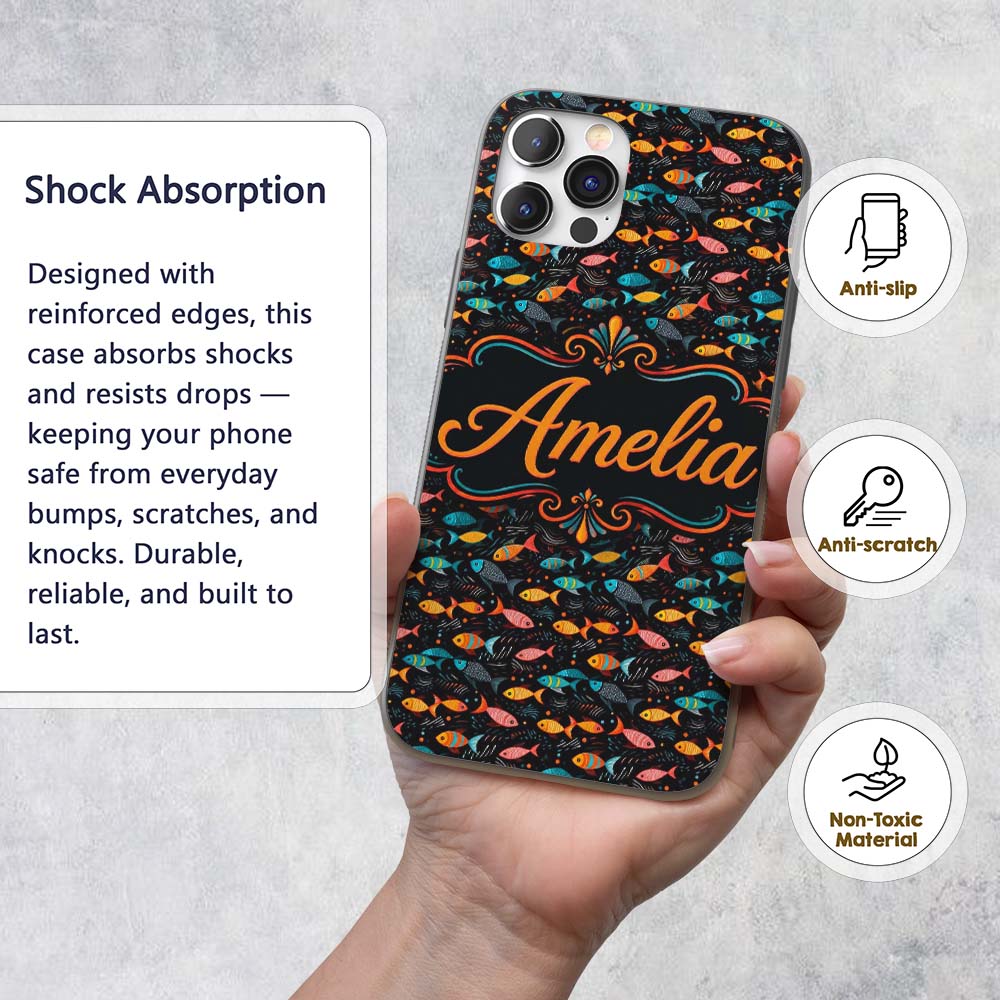 Colorful Tropical Fish on Dark Ocean Background Custom Name Protective Phone Case Mobile Cover Durable Everyday Smartphone Shock Resistant