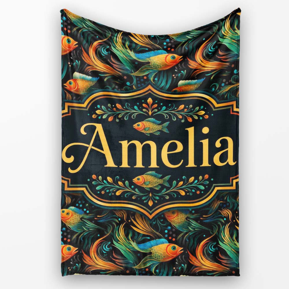 Vibrant Goldfish with Flowing Fins on Dark Aquatic Background Lovely Personalised Custom Name Super Soft Fleece Blanket Bed Sofa Throw