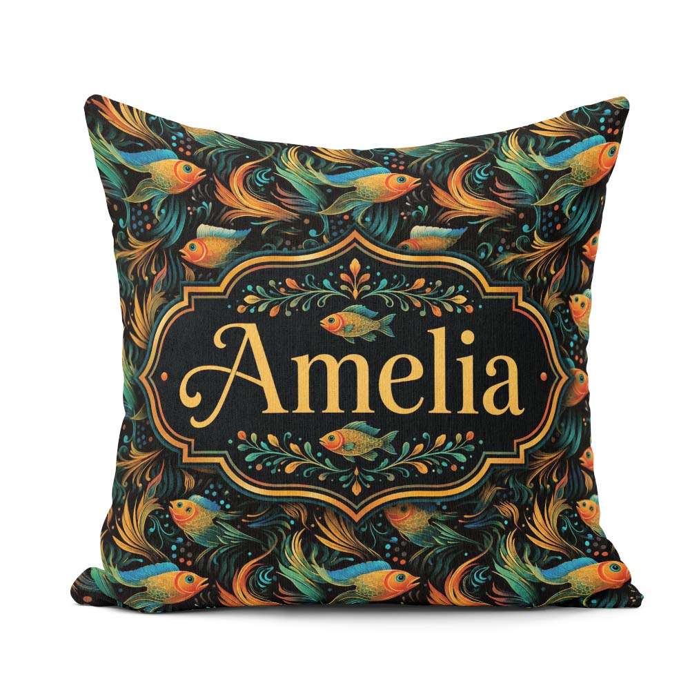 Custom Name Vibrant with Flowing Fins on Dark Aquatic Background Square Filled Cushion Throw Pillow Sofa Bed Home Decor Zip Washable UK Made