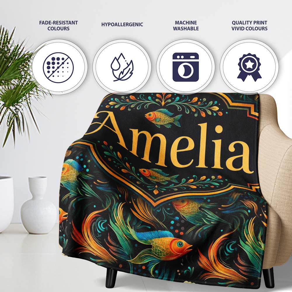 Vibrant Goldfish with Flowing Fins on Dark Aquatic Background Lovely Personalised Custom Name Super Soft Fleece Blanket Bed Sofa Throw