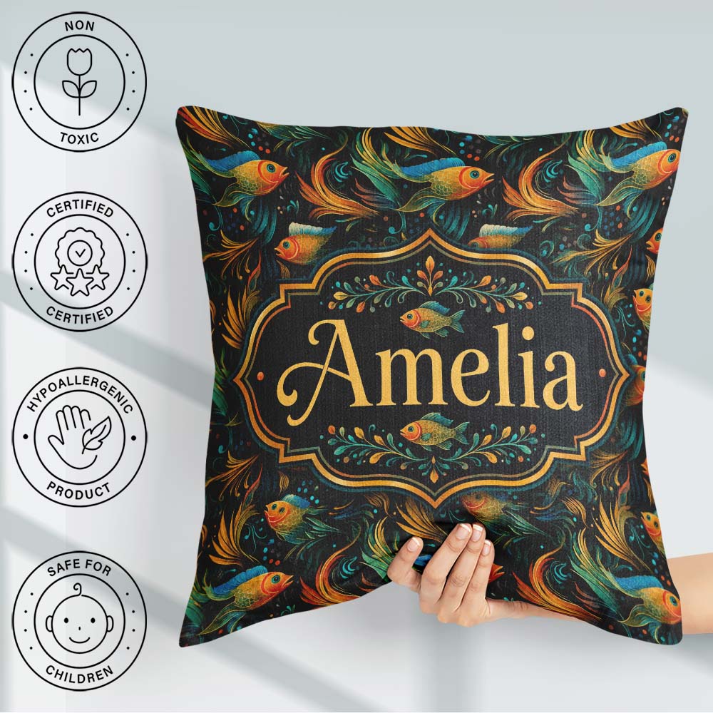 Custom Name Vibrant with Flowing Fins on Dark Aquatic Background Square Filled Cushion Throw Pillow Sofa Bed Home Decor Zip Washable UK Made