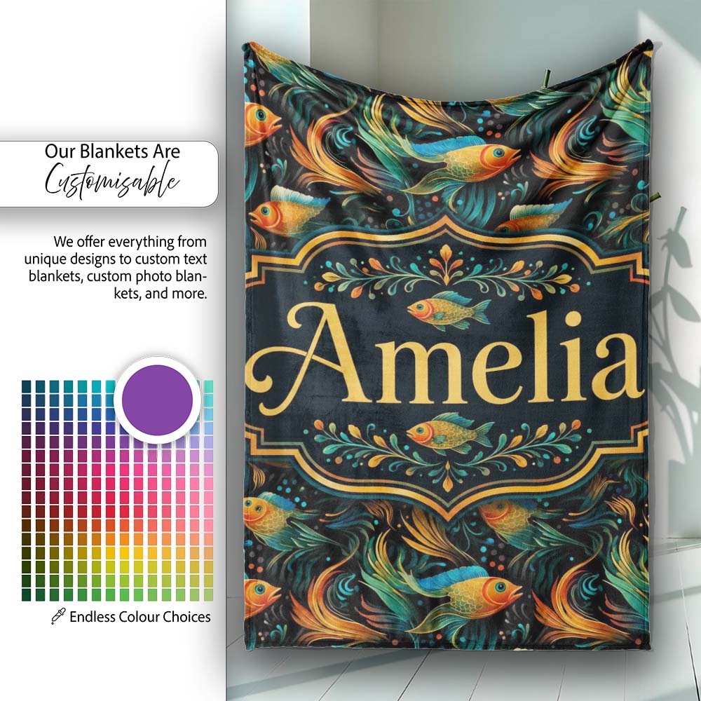 Vibrant Goldfish with Flowing Fins on Dark Aquatic Background Lovely Personalised Custom Name Super Soft Fleece Blanket Bed Sofa Throw