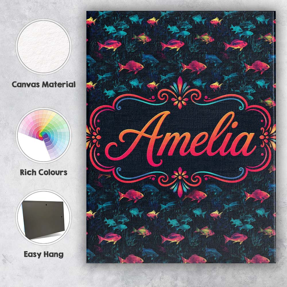 Personalised Name Neon Pink and Blue Fish Custom Unique Gift Idea Elegant Feature Canvas Wall Art Print Decor Picture Ready to Hang