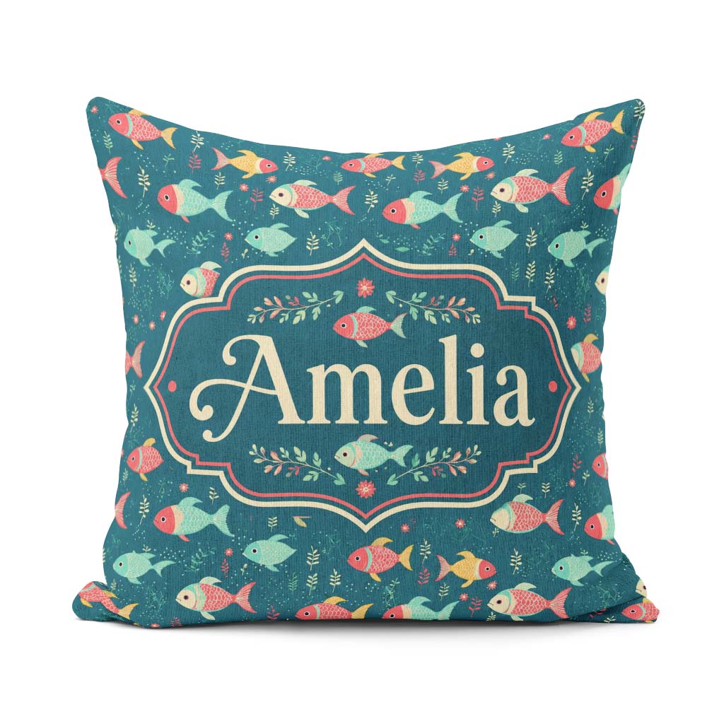 Custom Name Playful Multicolor Fish with Tiny Sea Plants Pattern Square Filled Cushion Throw Pillow Sofa Bed Home Decor Zip Washable UK Made