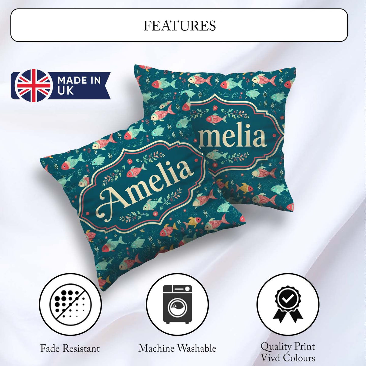 Custom Name Playful Multicolor Fish with Tiny Sea Plants Pattern Square Filled Cushion Throw Pillow Sofa Bed Home Decor Zip Washable UK Made