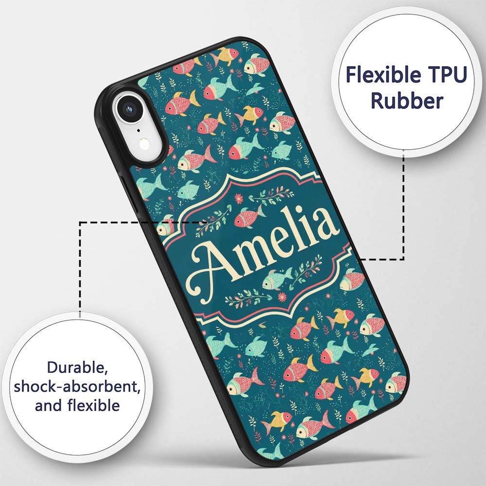 Playful Multicolor Fish with Tiny Sea Plants Custom Name Protective Phone Case Mobile Cover Durable Everyday Smartphone Shock Resistant