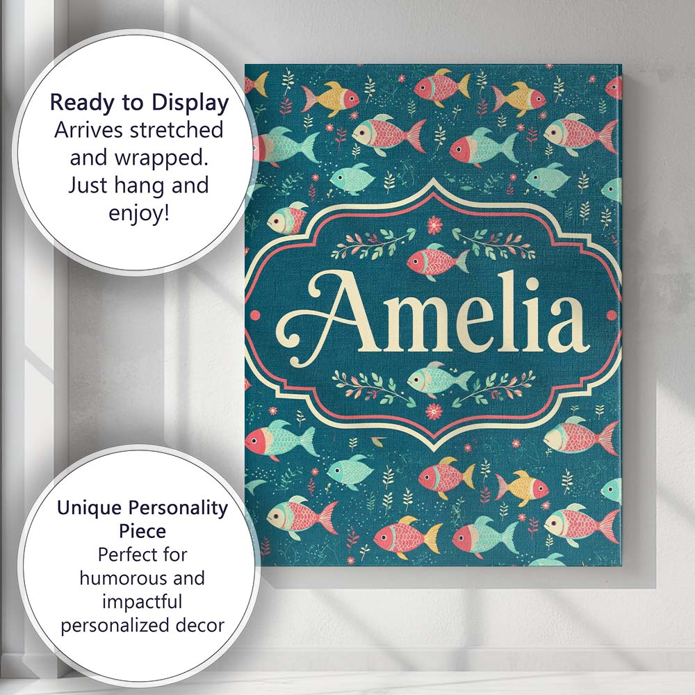 Personalised Name Playful Multicolor Fish Custom Unique Gift Idea Elegant Feature Canvas Wall Art Print Decor Picture Ready to Hang