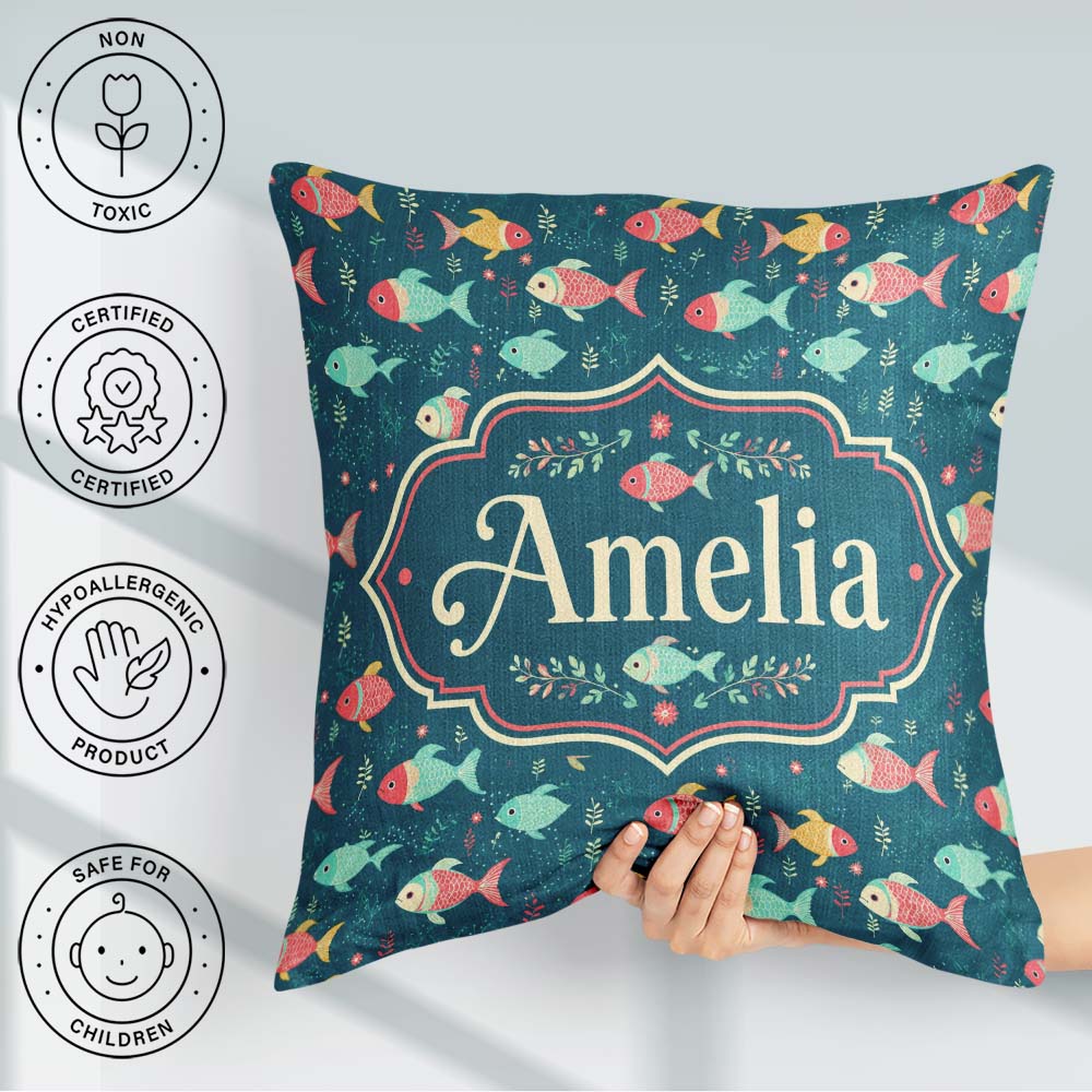 Custom Name Playful Multicolor Fish with Tiny Sea Plants Pattern Square Filled Cushion Throw Pillow Sofa Bed Home Decor Zip Washable UK Made