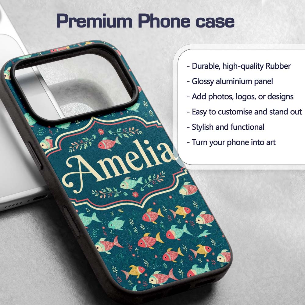Playful Multicolor Fish with Tiny Sea Plants Custom Name Protective Phone Case Mobile Cover Durable Everyday Smartphone Shock Resistant