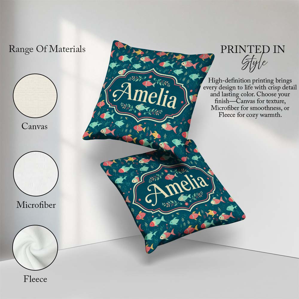 Custom Name Playful Multicolor Fish with Tiny Sea Plants Pattern Square Filled Cushion Throw Pillow Sofa Bed Home Decor Zip Washable UK Made