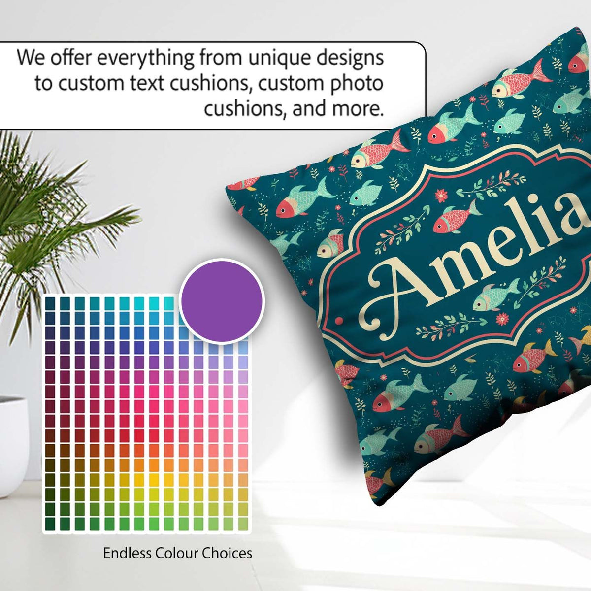 Custom Name Playful Multicolor Fish with Tiny Sea Plants Pattern Square Filled Cushion Throw Pillow Sofa Bed Home Decor Zip Washable UK Made