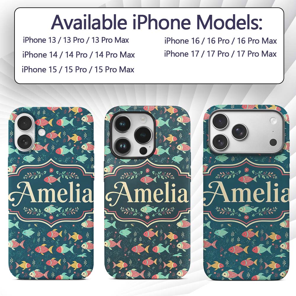 Playful Multicolor Fish with Tiny Sea Plants Custom Name Protective Phone Case Mobile Cover Durable Everyday Smartphone Shock Resistant