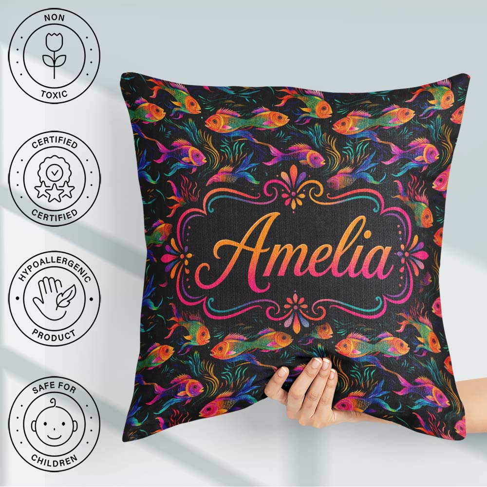Custom Name Rainbow Fish with Flowing Seaweed on Dark Background Square Filled Cushion Throw Pillow Sofa Bed Home Decor Zip Washable UK Made